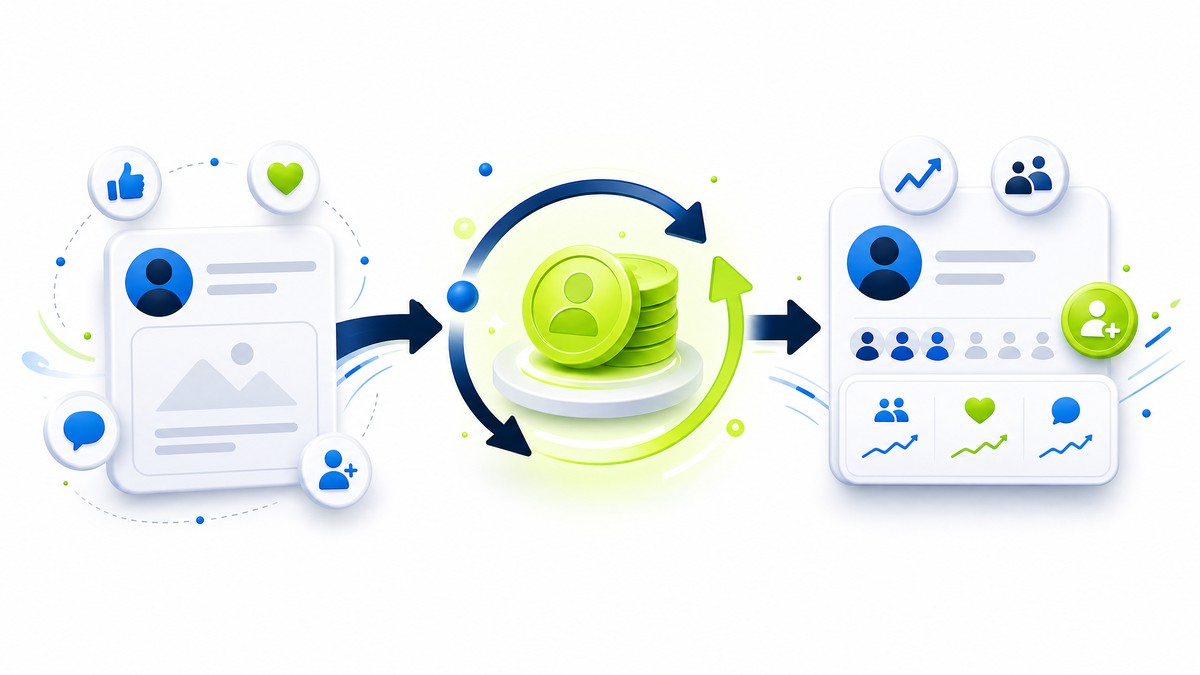 Credit exchange process from completed tasks to social media campaign growth