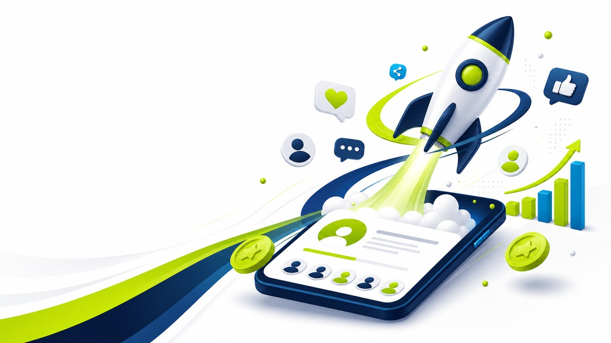 Rocket launch from a profile card symbolizing fast website and social media visibility