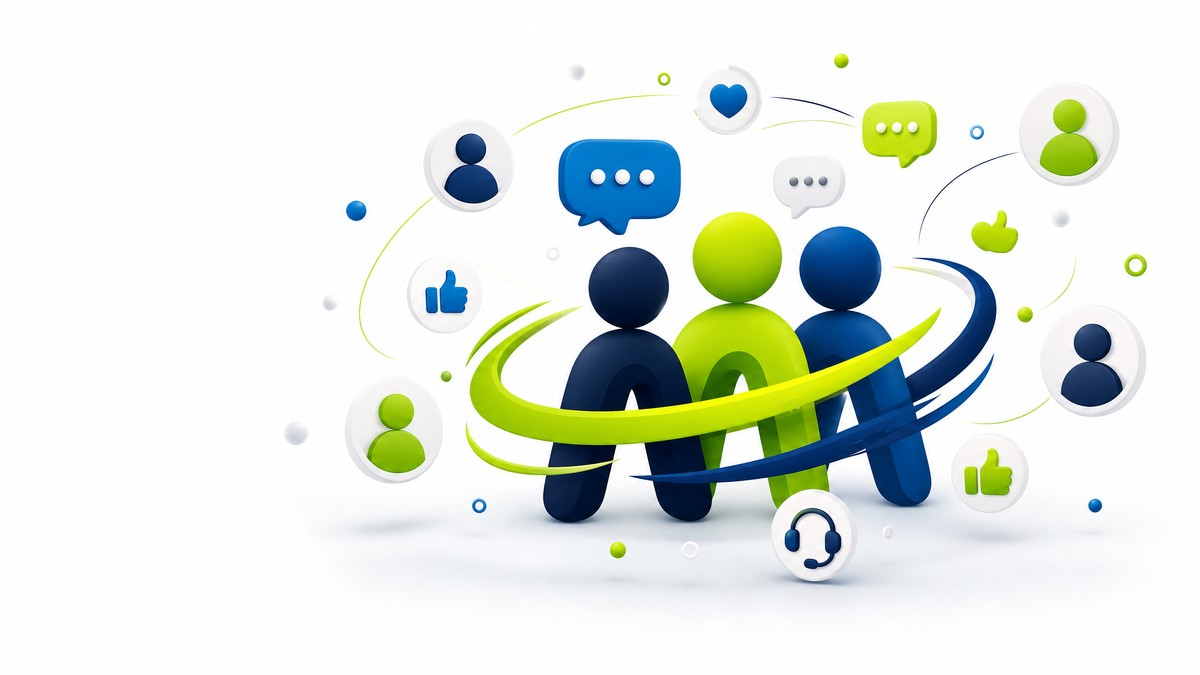 Community support illustration with users likes comments and headset icon